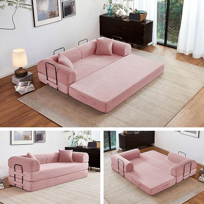 79" 5-in-1 Folding Convertible Sofa Bed, Oversized Corduroy Futon Floor Couch with Pull-Out Sleeper, Modular Boneless Loveseat for Small Spaces, Living Room, Bedroom (Pink)