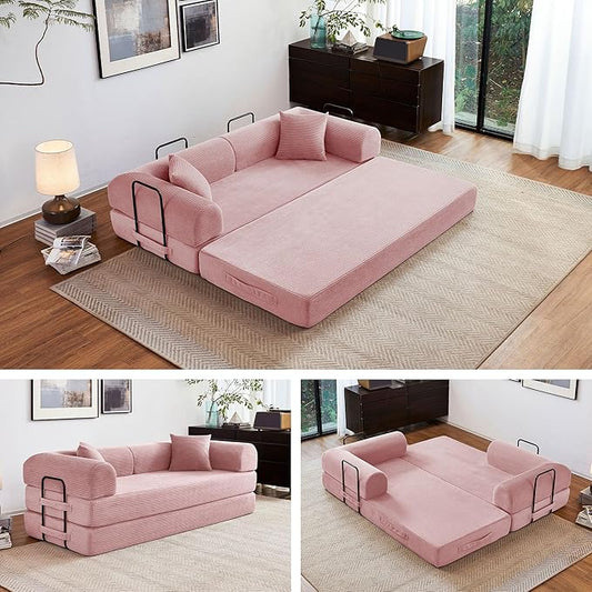 79" 5-in-1 Folding Convertible Sofa Bed, Oversized Corduroy Futon Floor Couch with Pull-Out Sleeper, Modular Boneless Loveseat for Small Spaces, Living Room, Bedroom (Pink)