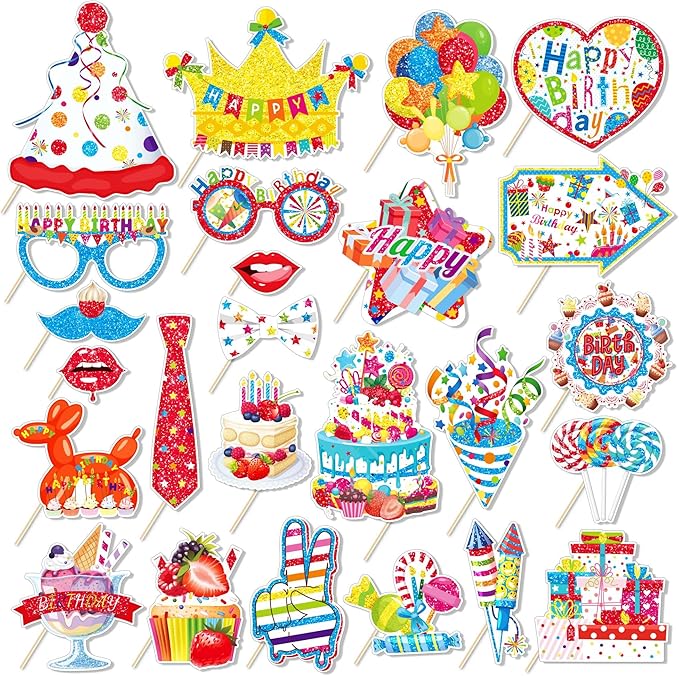 25Pcs Funny Birthday Photo Booth Props with Stick, Theme Selfie Props, Party Supplies, Photography Backdrop Decorations