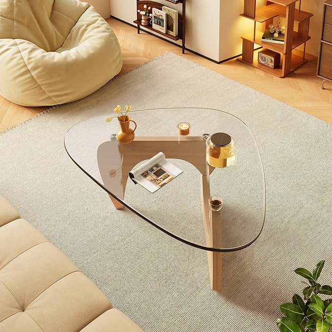 LUCKIIA Coffee Tables Glass Small Farmhouse Coffee Table Mid-Century Modern Wood Center Table for Living Room, Original Transparent, 45 Inch