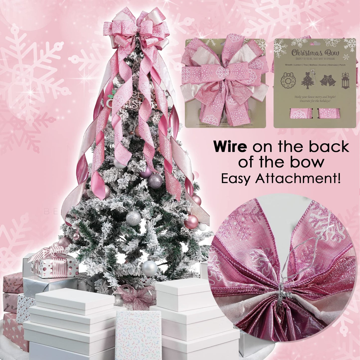 MEEDEE Pink Glitter Christmas Tree Topper - 12" Wide Velvet Bow for Christmas Tree (1 Pack)