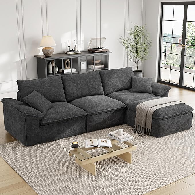LIKIMIO 120" L-Shaped Modular Sectional Sofa, Cloud Sectional Couch with Deep Seat, Comfy Teddy Upholstery, Oversized 3-Seater with Ottoman, Boneless Couch for Living Room, No Assembly, Dark Grey