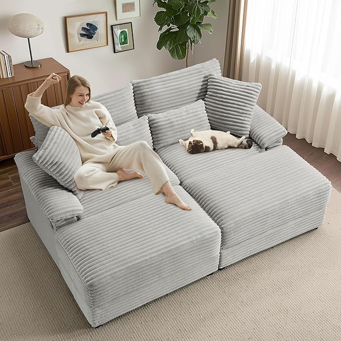 SUNWAVE 74" W Double Chaise Lounge Chair Indoor, Oversized Loveseat with Storage Ottoman, Corduroy Couch with USB Charging, Removable Ottoman, and Coffee Table Cushions for Living Room, Apartment