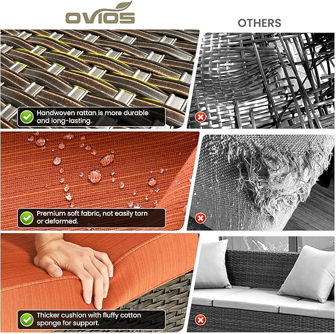 ovios 9 Pieces Patio Furniture Set, Outdoor Wicker Sofa Couch with Swivel Chairs Ottomans Comfy Cushions, High Back Modern All Weather Conversation Sets, Brown Rattan, Orange Red