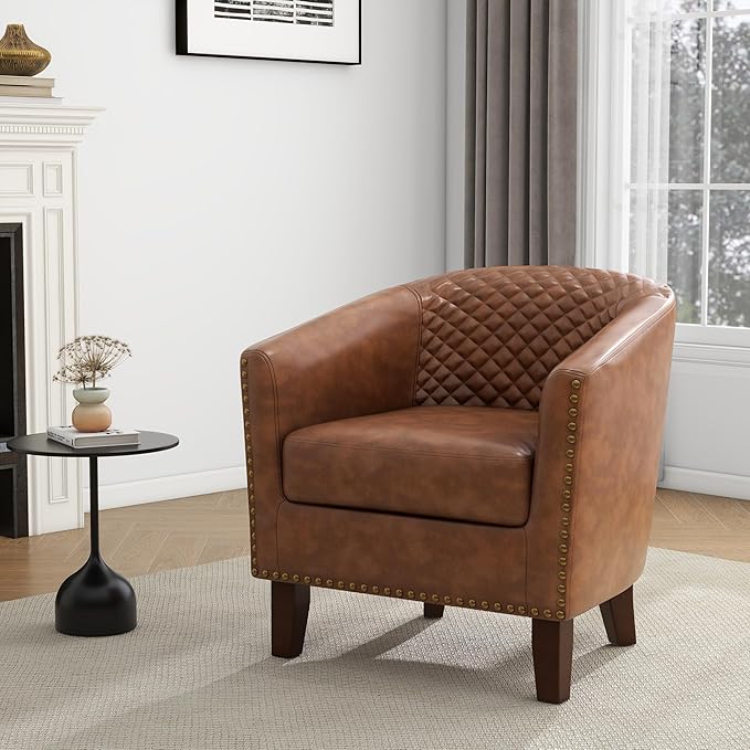 UIXE Faux Leather Accent Chair, Barrel Club Chair Modern Upholstered Armchair for Living Room, Comfy Round Arm Chair Single Sofa Bedroom Reading Seat - Brown