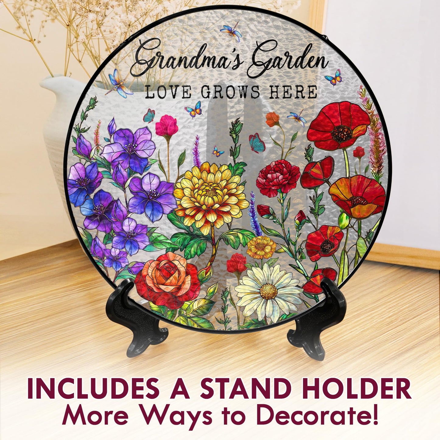 FLAGWIX Grandma Birthday Gifts - Grandma's Garden Stained Glass Window Hanging with Base 8 in - Birthday Gift for Grandma, Christmas Grandparents Day Gifts for Nana Gigi, Sun Catchers Indoor Window