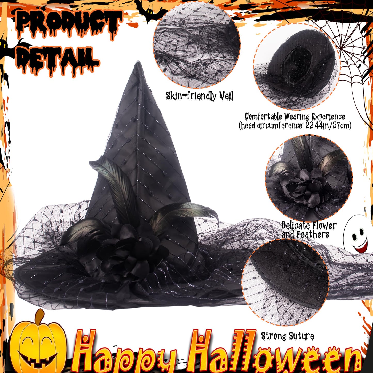 Suwaoo Halloween Witch Hat - Lace Halloween Costumes Outfit for Women, Witches hats for Women Adult Attached Veils Cosplay Costume Halloween Accessories for Decorations, Standard, Black