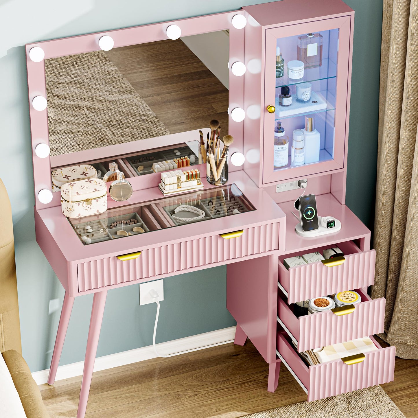Fluted Vanity Desk with Mirror and Lights, 45" Pink Makeup Vanity Desk with Lights &5 Drawers, Glass Top Makeup Table with Lighted Mirror and RGB Cabinet,Dressing Table with Power Outlet for Bedroom