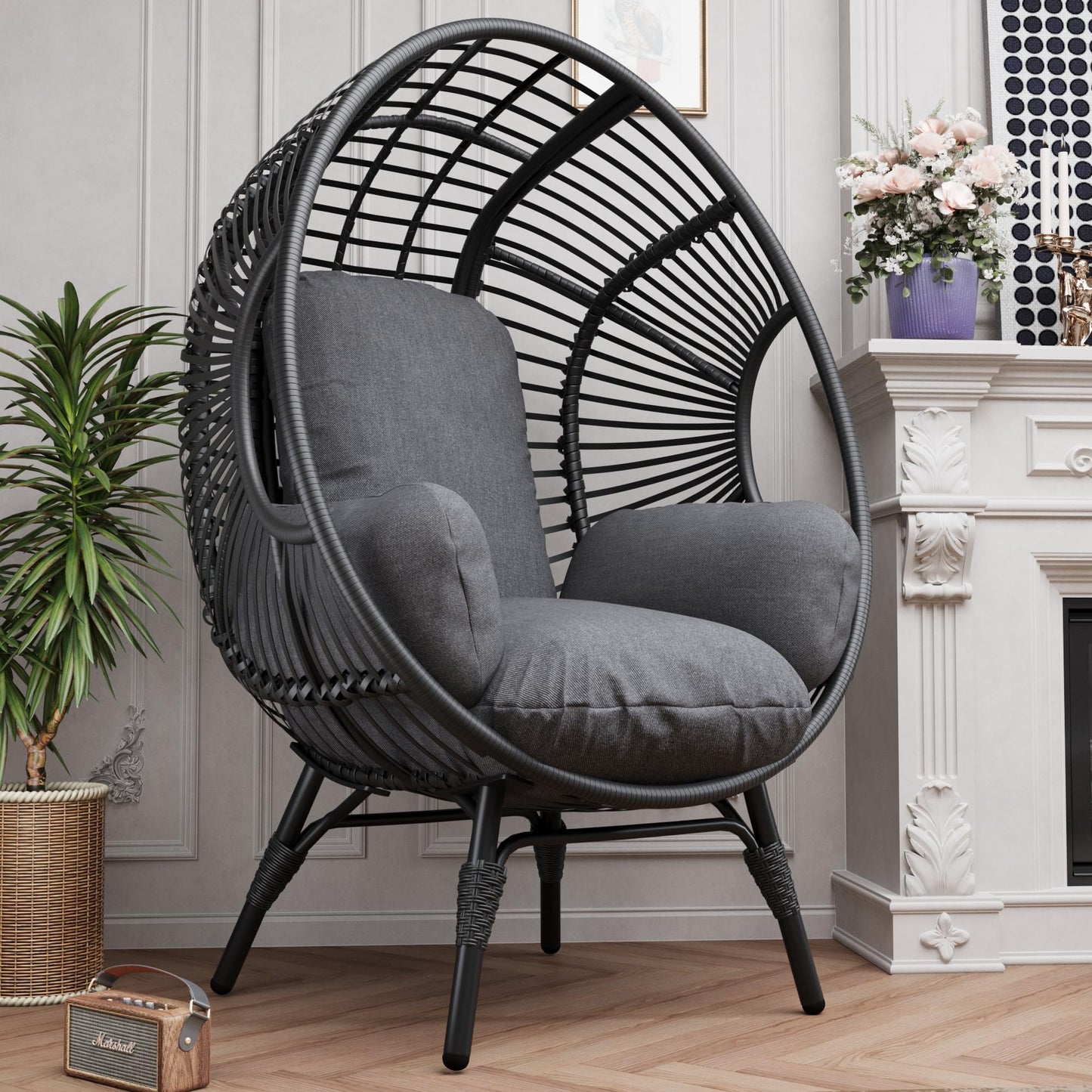 TQKVIPI Oversized Wicker Egg Chair, Outdoor Indoor Rattan Patio Egg Lounge Chairs with Cushion 500lbs Capacity for Living Room, Balcony, Backyard(Black)