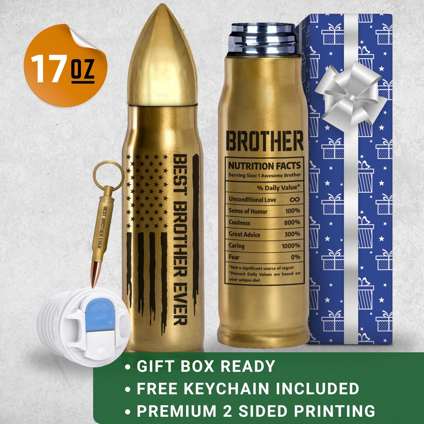 Gifts for Brother, Birthday Gifts from Sister - Best Brother Ever Bullet Tumbler 17Oz with Keychain, Gold Thermos Coffee Cup for Older Adult Bros, Funny Present for Wedding or Graduation