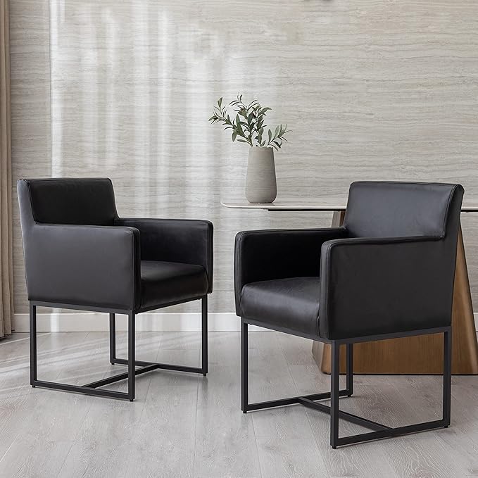 BESTANO Set of 6 Upholstered Dining Chairs with Armrest, PU Leather Modern Accent Armchairs, Kitchen & Dining Room Chairs Side Chairs, Black