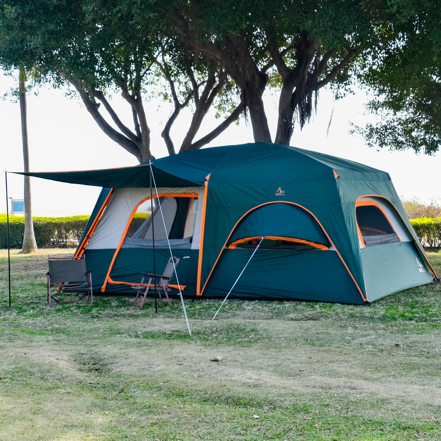 KTT Extra Large Tent 12 Person,Family Cabin Tents,Full Rainfly,2 Bay-Windows,2 Rooms and 3 Doors 3 Windows with Mesh,Waterproof,Straight Wall,Double Layer,Big Tent for Outdoor,Picnic,Camping(Green)