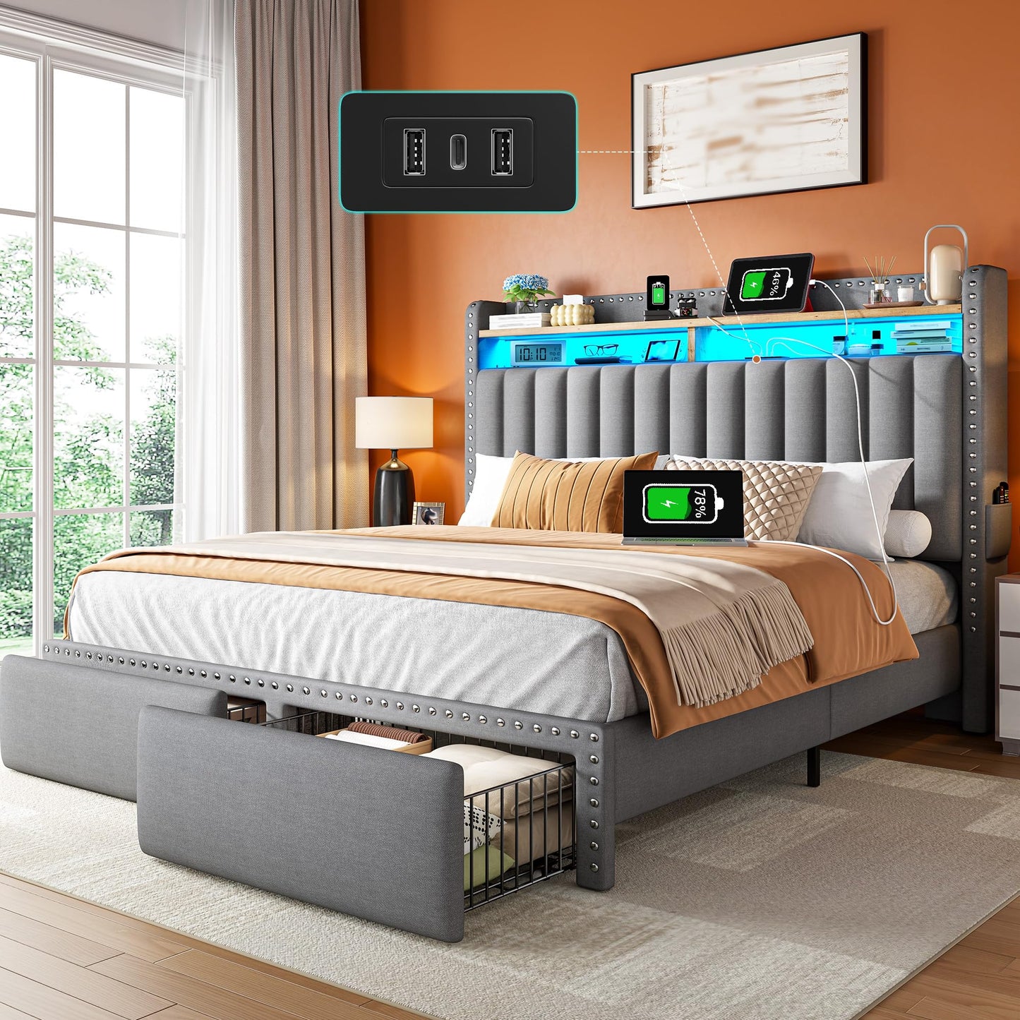 EnHomee Queen Bed Frame with 2 Storage Drawers, Upholstered Platform Bed with LED Lights and Charging Station, Sturdy Wooden Slats Support, No Box Spring Needed, Noise Free, Grey