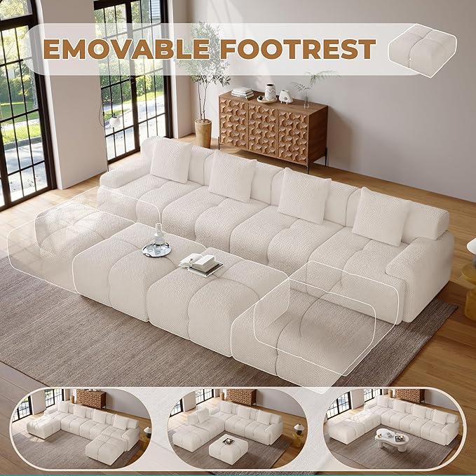 135" Modern L Shaped Modular Sectional Sofa, 6 Seater Convertible Chenille Cloud Couch Sofa Set, Boneless Couches for Living Room with Ottoman, No Assembly Required, White