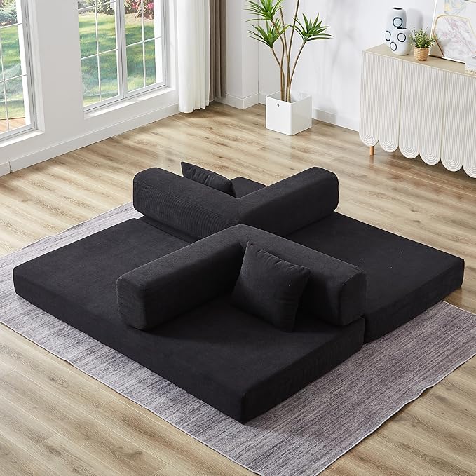 Convertible Couch Sofa Bed Foldable Floor Sleeper | All High-Density Foam | Fold Out Deep Seat Couch | King Size | Compression Sofa Sleeper for Living Room, Bedroom | Corduroy Black