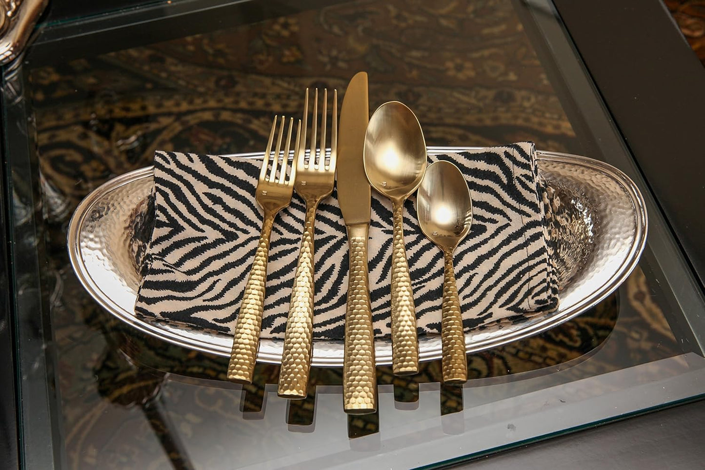 Fortessa Lucca Faceted 18/10 Stainless Steel Flatware, Salad/Dessert Fork, 7", Set of 12, Brushed Gold