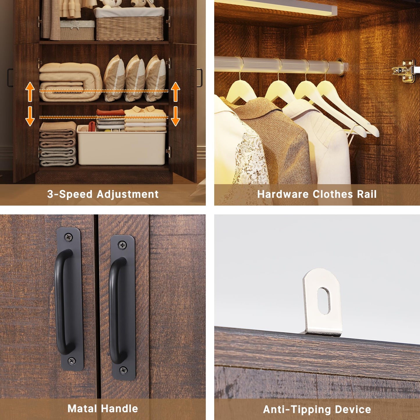 Hlivelood 75" Tall Farmhouse 2 Doors Armoire Wardrobe Closet with LED,Freestanding Closet Wardrobe Cabinet for Bedroom with Hanging Rod,Wooden Armoire Storage Cabinet with Adjustable Shelves(Brown)
