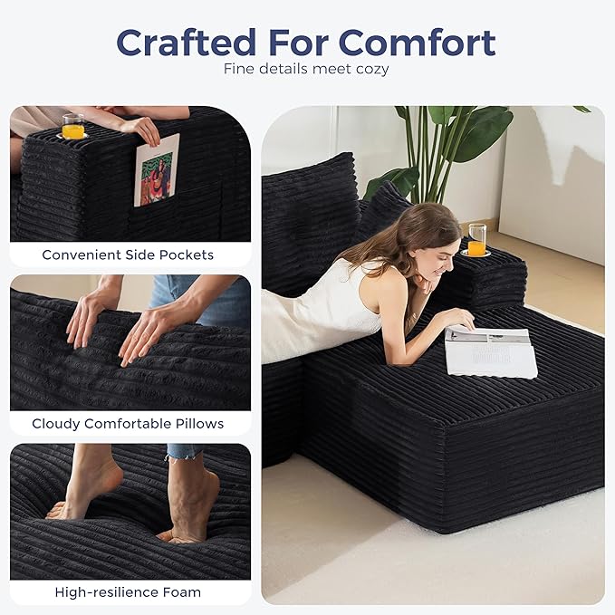 MAXYOYO 132" Giant U-Shaped Modular Sectional Couch, Modern Boneless Couch for Living Room, Sofa in A Box, Oversized Sofa Sleeper with Deep Seat, No Assembly Required, Black