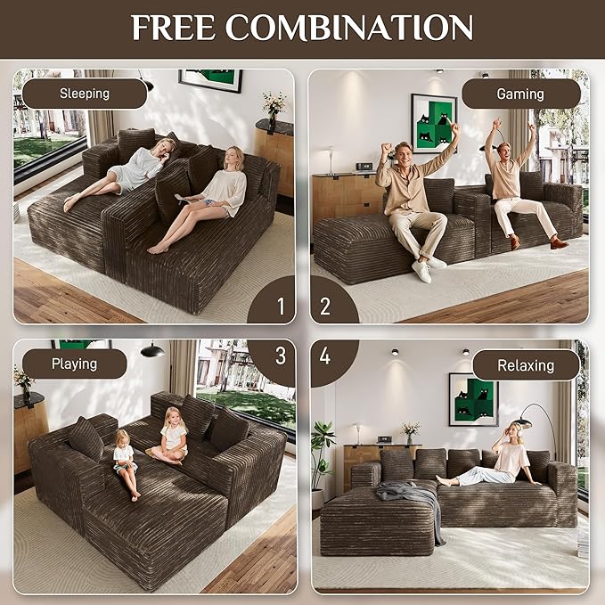 Modular Sectional Sofa, 107" L Shaped Cloud Couch Plush Corduroy Deep Seat Boneless Sofas with 5 Pillows Long Chaise Lounge Couches Memory Foam for Living Room, Brown - Left Facing Chaise
