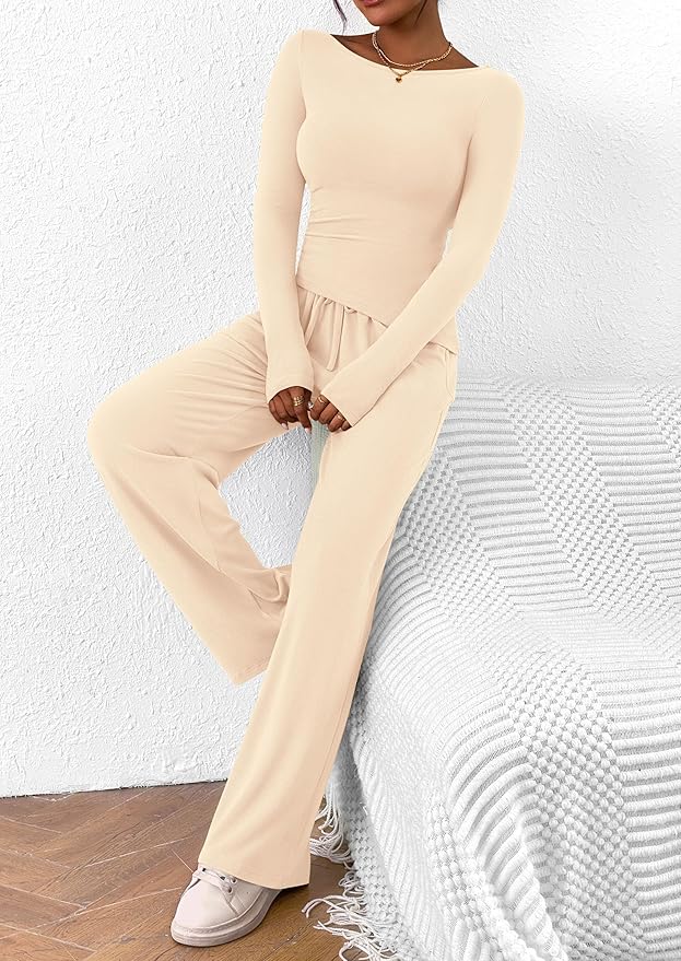 PRETTYGARDEN Women's 2 Piece Lounge Sets Asymmetrical Long Sleeve T Shirt Wide Leg Pants Casual Outfits Tracksuit