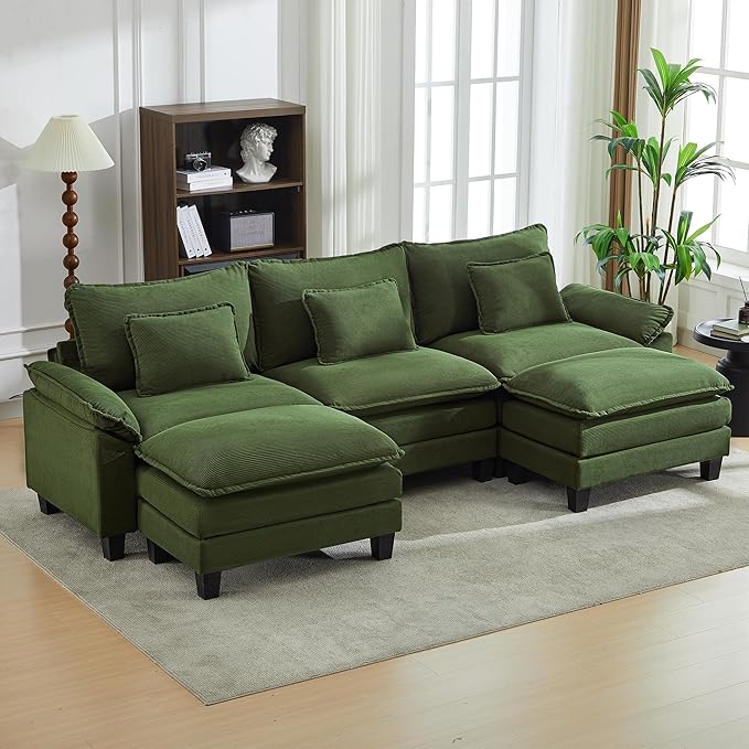 URRED Cloud Couch Modular Sectional Sofa, 122" Modern U Shaped Deep Seat Sofa with 2 Ottomans & Pillows, Ultra Comfy Corduroy Couches for Living Room, Bedroom or Apartment, Green