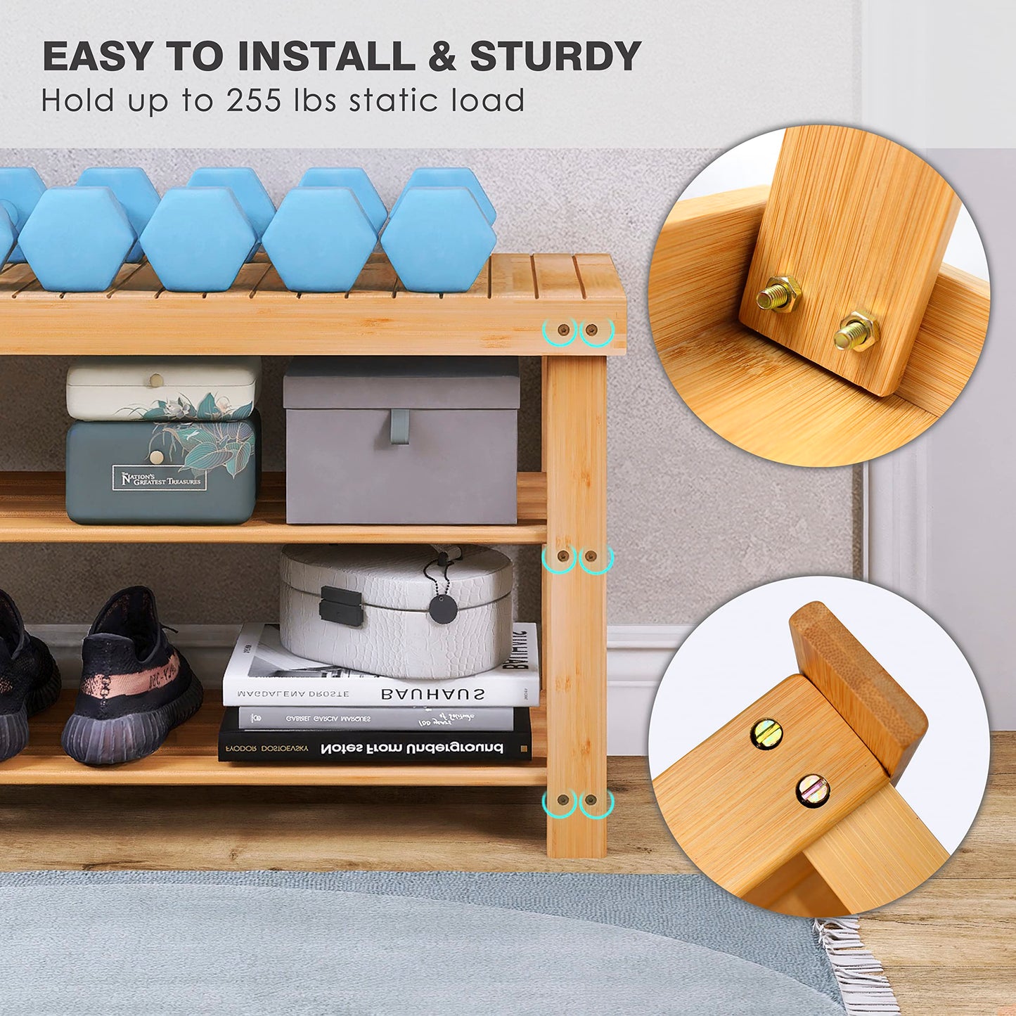 SMIBUY Bamboo Shoe Rack Bench, 3-Tier Shoe Organizer Storage Shelf for Entryway Hallway Bathroom Living Room (Natural)