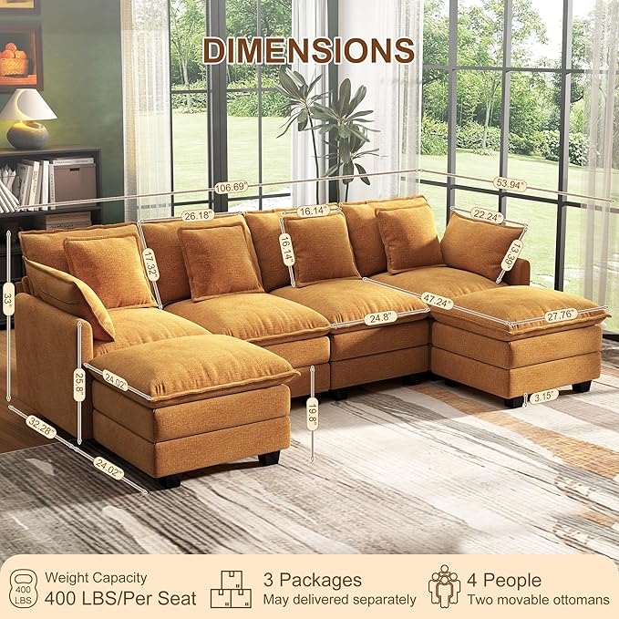 107" Cloud Couch Sectional, U Shaped Modular Sectional Sofa, 4-Seat Deep Seat Couch with 6 Removable Washable Pillows and 2 Ottoman for Living Room, Bedroom, Apartment, Orange