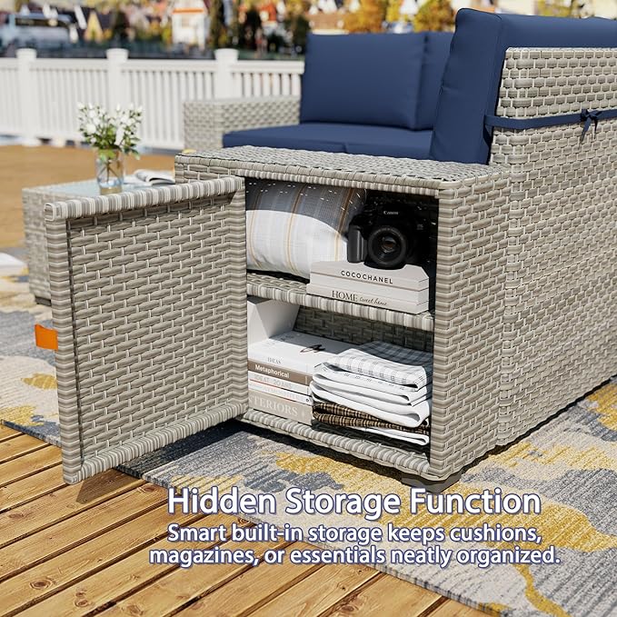 Broivira 7 Piece Patio Furniture Set with 50,000 BTU Rattan Fire Pit Table That Converts to Coffee Table, 9.8" Wide Arm Sectional Sofa with Storage Armrests, Outdoor Rattan Conversation Set, Blue