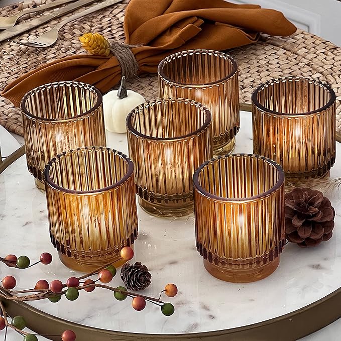 Kate Aspen Vintage Glass Tealight & Amber Votive Candle Holders (Set of 6) – Rustic Fluted Candle Holder Set, Boho Home De...