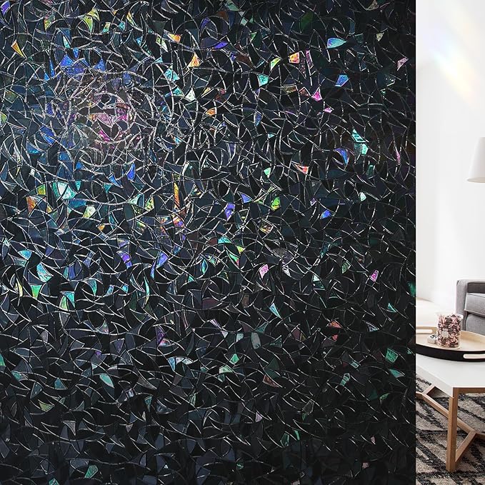 LUTE Black Out Window Film, Sun Light Blocking Window Film for Room Darkening Day Sleep, 100% UV Blocker Stained Glass Blackout Cover, Rainbow Black Out Shades Tint for Home 17.5" x 78.7"