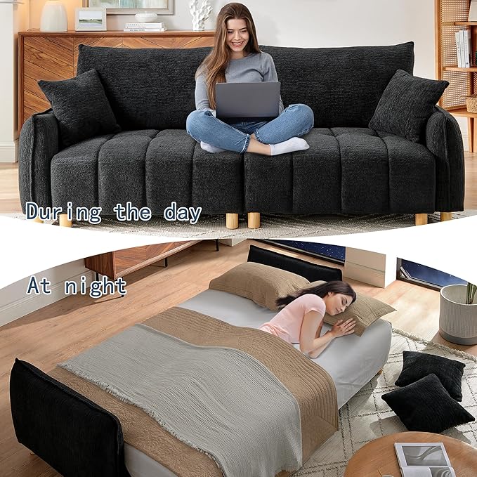 Mofolit Sleeper Sofa Bed Convertible Couch with Storage in Chenille Fabric Loveseat for Living Room Apartment and Small Spaces (Black)