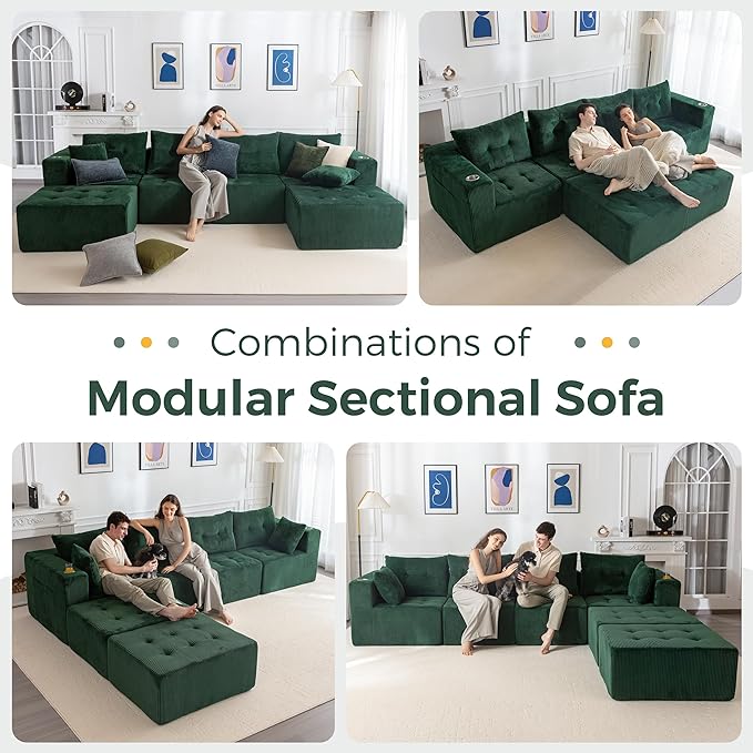 MAXYOYO 129.5" Modular Sectional Sofa Couch, U Shaped Modern Cloud Couch, Sofa in A Box, Tufted 6-Seat Boneless Sleeper Lounger for Living Room, No Assembly Required, Green