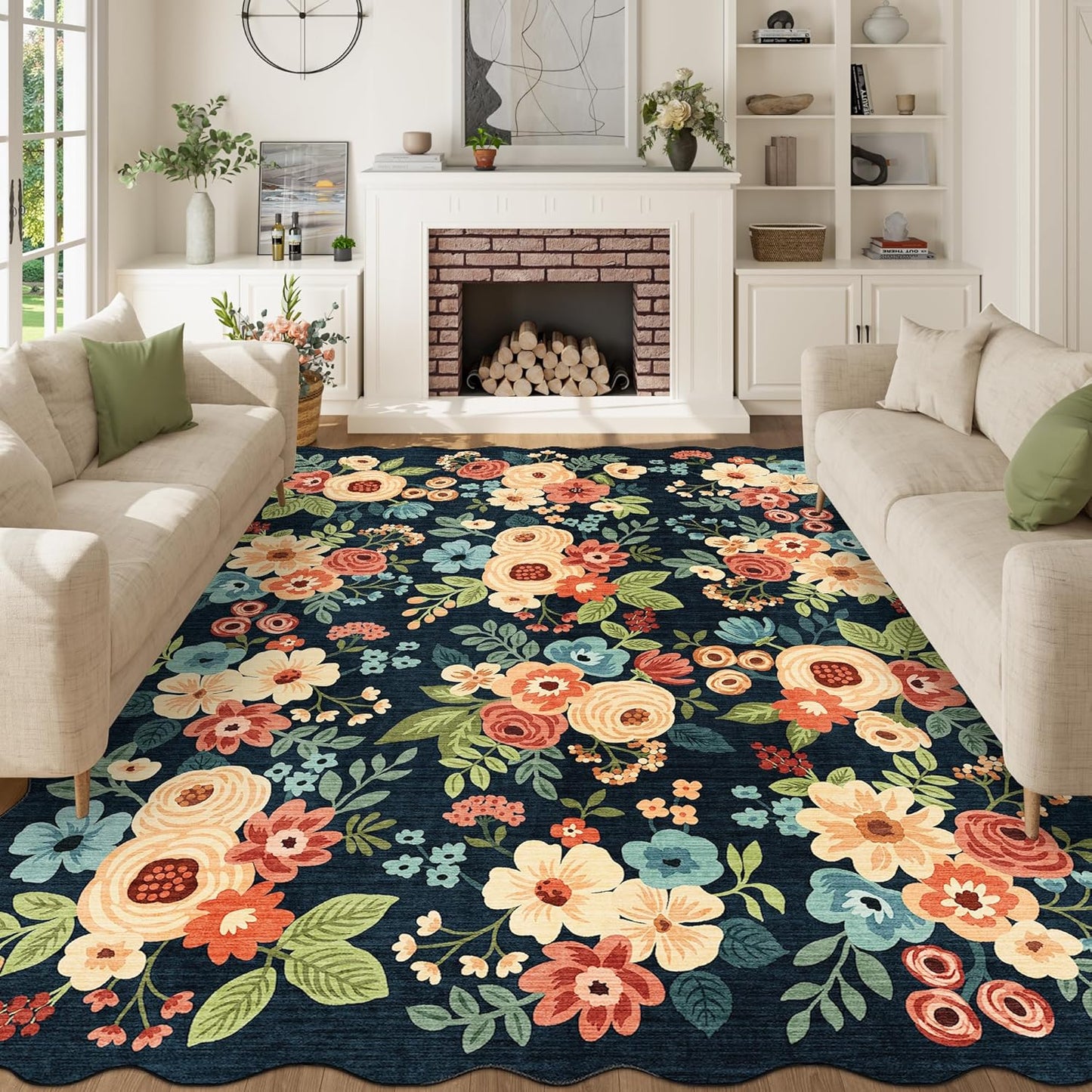 DUKINO 8x10 Area Rug, Floral Washable Rugs for Living Room with Non Slip Backing & Non-Shedding, Lightwight Low Pile Boho Design Large Carpets for Bedroom, Living Room, Dining Room, Navy Blue