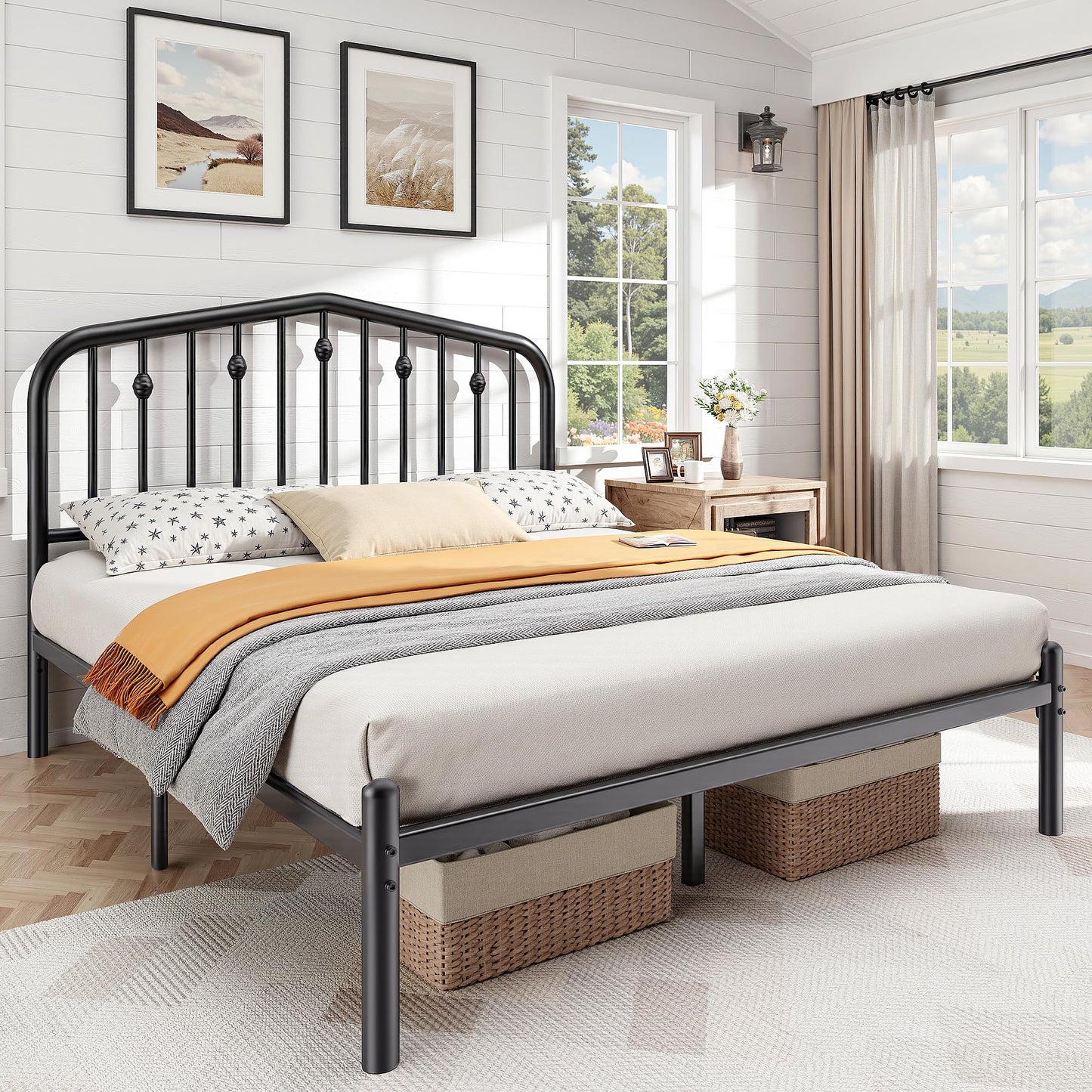BedsPick 14 Inch Queen Bed Frame, Sturdy Rustic Metal Bed Frame Queen Size, Queen Bed Frame with Headboard and 12.5" Under Bed Space, Curved Corner/No Noise/Easy Assembly/No Box Spring Needed, Black