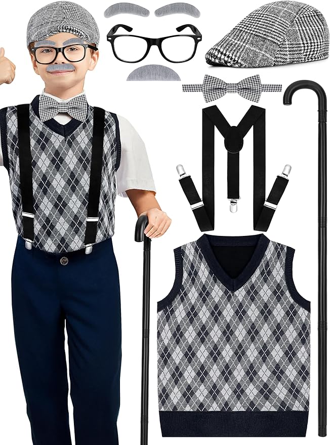 Luces 100th Days of School Costume, Boys Old Man Costume Vest Hat Accessories, Kids 100th Day of School Cosplay Outfit