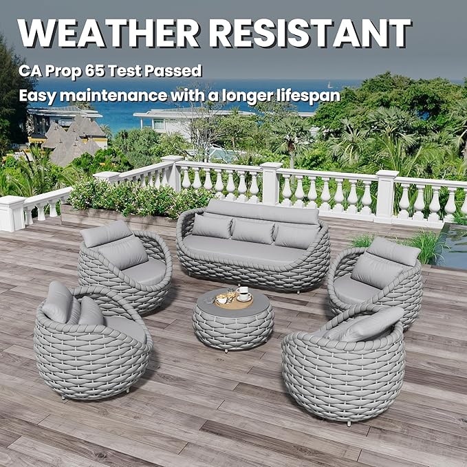 Erotr Aluminum Rope Patio Furniture Set: 6 Pieces Assembled Outdoor Conversation Sofa Set for 7 - Modern Metal Couch Set Cushioned - All Weather Porch Seating for Deck Garden Pool Lanai Hotel, Gray