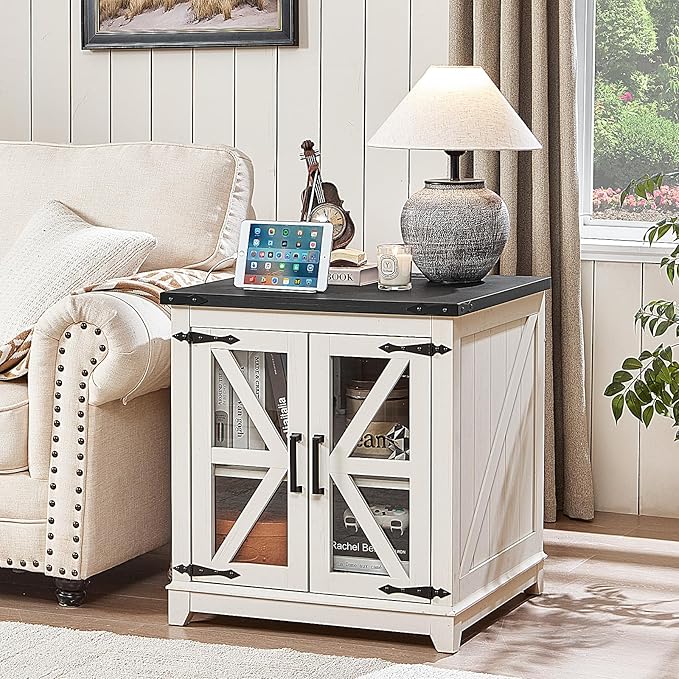 Joaxswe Farmhouse End Table with Charging Station, 24" Large Sofa Side Table with Glass Barn Door,White Nightstand with Adjustable Storage Shelf,Wood Square Bedside Table for Living Room,Bedroom