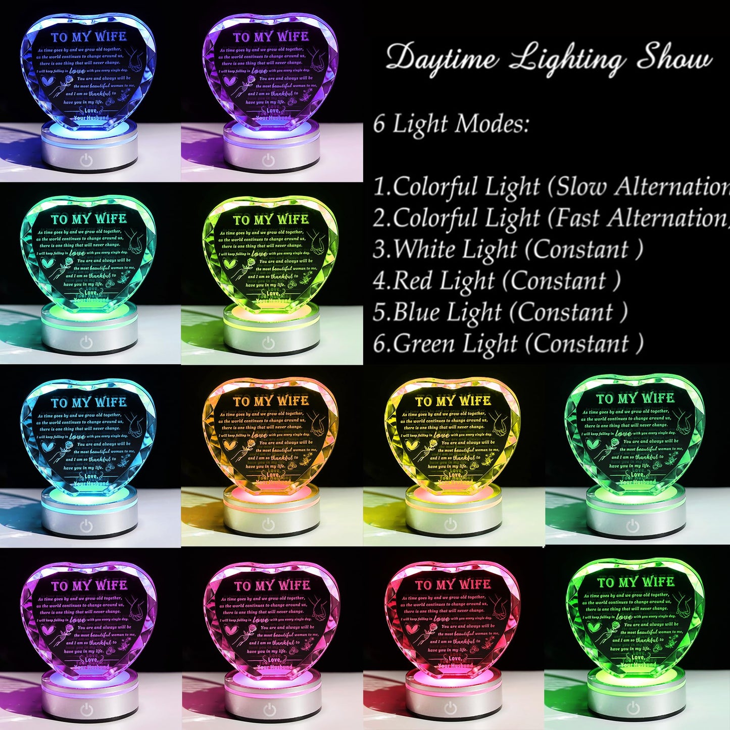 Qianwei Romantic Gifts for Wife with Colorful LED Base - Heart Crystal Unique Gifts for Anniversary, Birthday, Valentine's Day