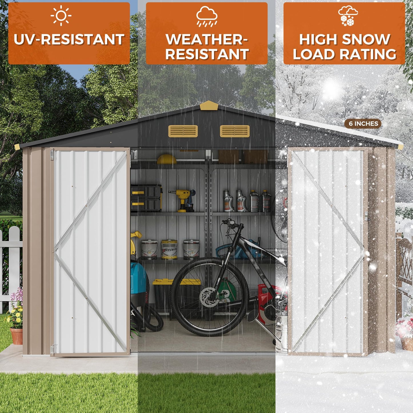 IRONCK 10x8FT Outdoor Storage Shed with Breathable Vent, 9.4x7.3FT Base Galvanized Steel Metal Tool Shed with Lockable Doors for Yard Bins/Generator/Wheelbarrow Garden Storage, Brown