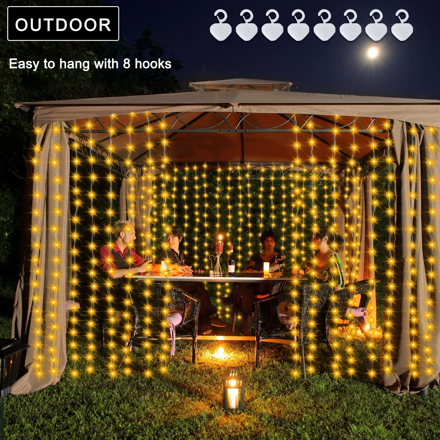 Solar Curtain Lights 7.9ft x 6ft 144 LED Outdoor Curtain Lights Waterproof with Timer 8 Modes for Christmas Garden Patio Fence Wedding Wall Window Gazebo Decor - Warm White