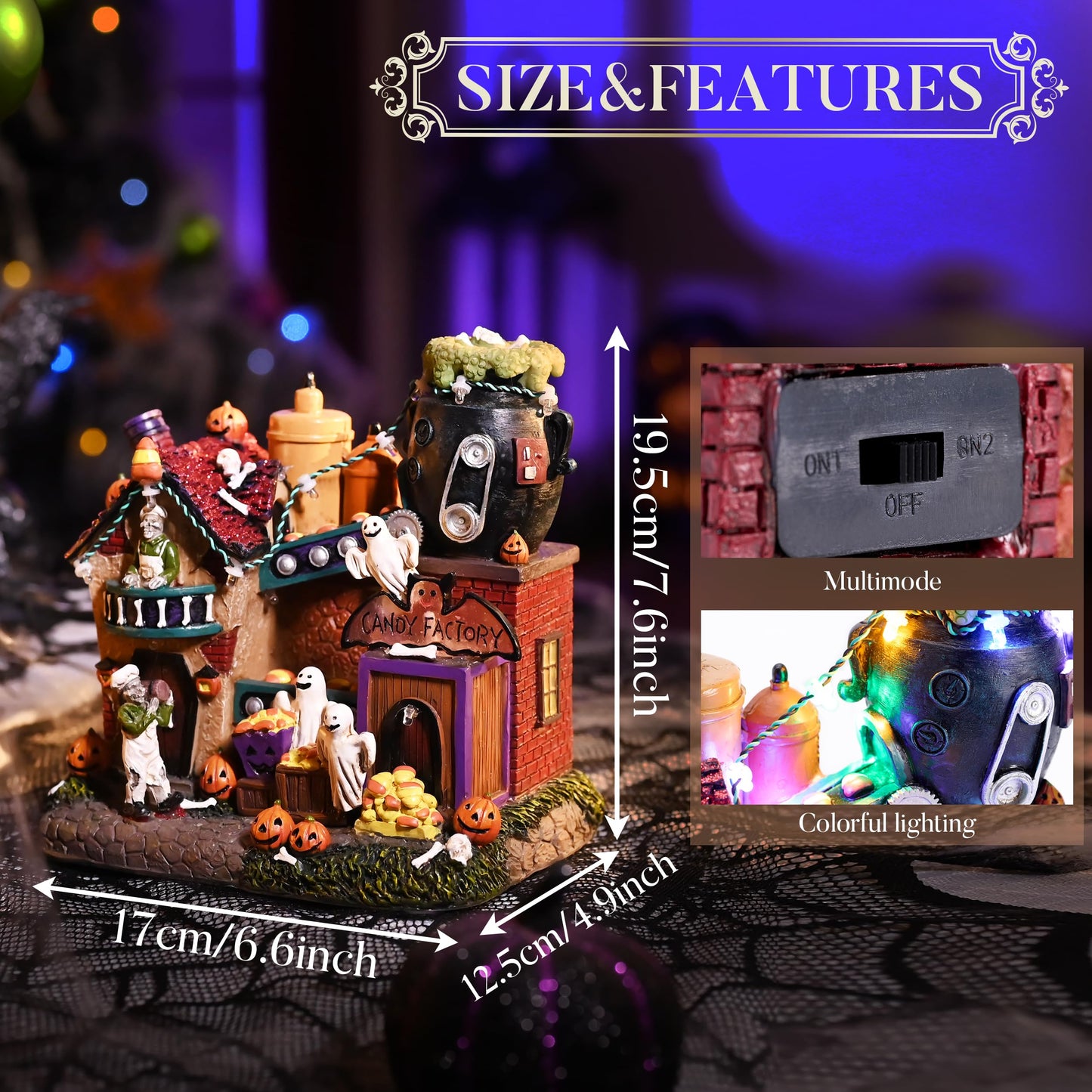 Valery Madelyn Halloween Decorations, Lighted Halloween Village Houses with Music and LED Lights, Resin Haunted House Spooky Town Scary Candy Factory for Home and Party Table Desk Mantel, 8 Inch