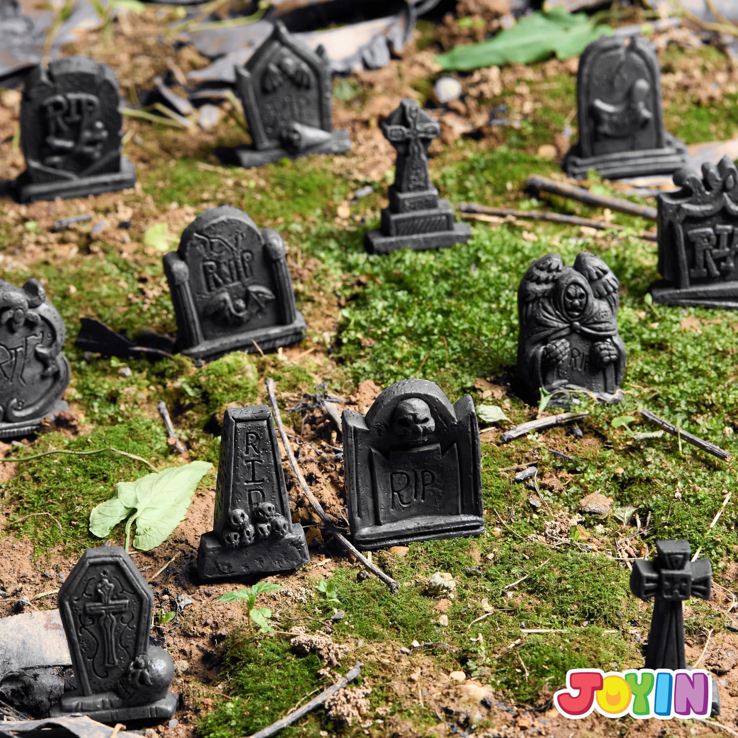 JOYIN 12 Pcs Halloween Miniature Tombstones Graveyard Decorations Outdoor, RIP Headstone with Skull Cross Design for Halloween Cemetery Yard Lawn Outdoor Indoor Decorations (Stone Gray)