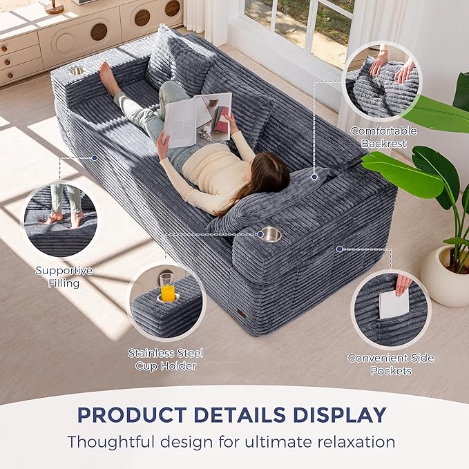 MAXYOYO 79" Oversized Boneless Loveseat Sofa Couch for Small Spaces, Mini Love Seat Floor Couch with Cup Holders and Pillows, 3-Seater Upholstered Cloud Couch for Bedroom, No Assembly Required