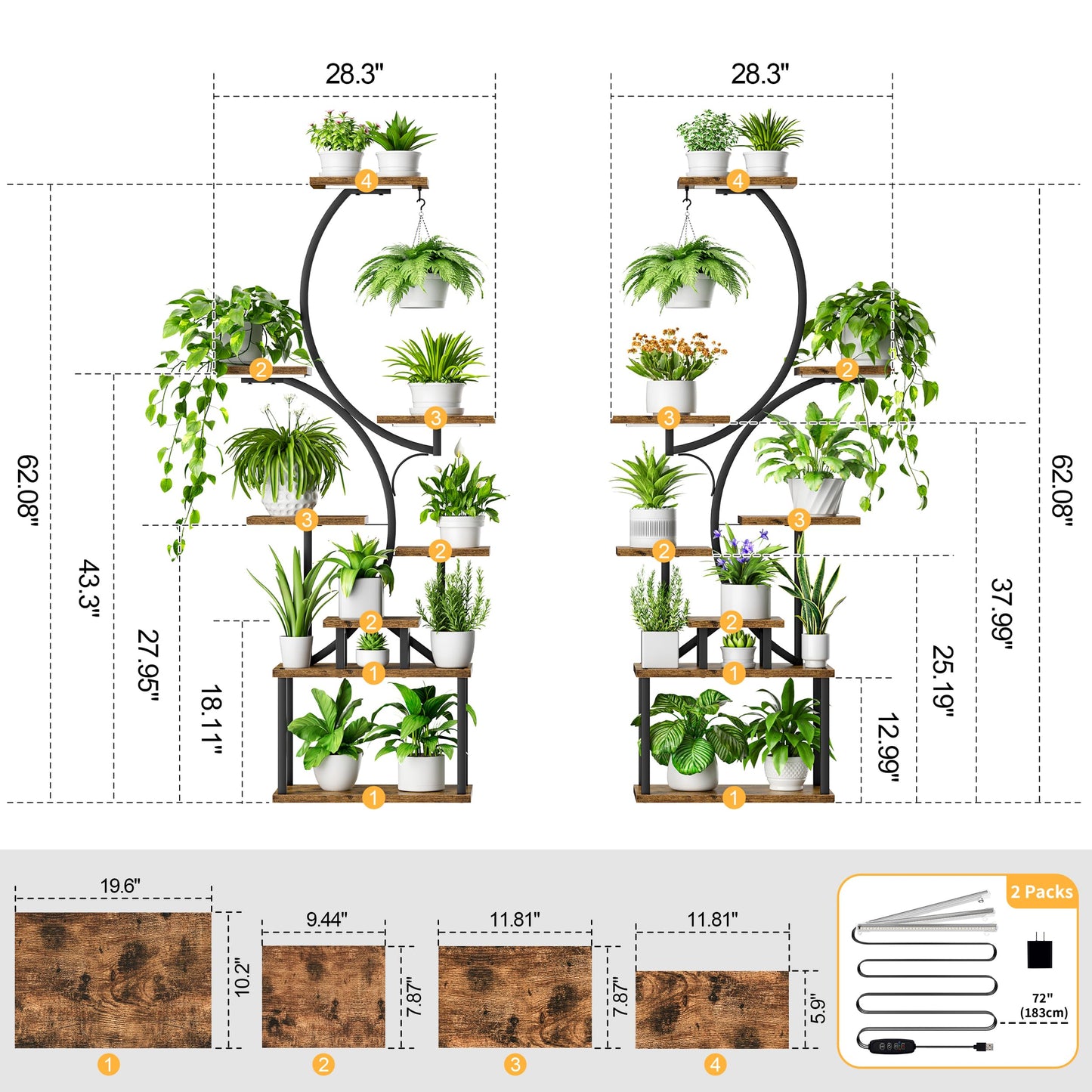BACEKOLL Plant Stand Indoor with Grow Light - 2 Pack Tall Indoor Plant Shelf, 62" Corner Plant Holder, 8 Tiered Large S-Shape Flower Multiple Display Shelves for Home, Office