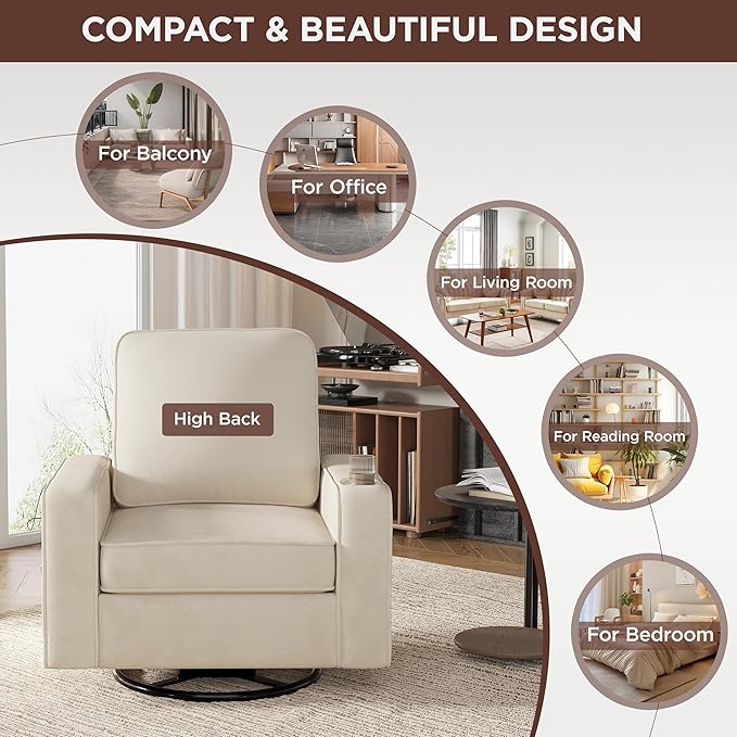 Swivel Square Accent Chair with Wide Armrests,360° Rotating Comfy Single Sofa Chairs with USB/Type-C,Cup Holder & Side Pocket,Modern Armchair for Living Room Bedroom Reading Lounge Nook,Beige White | Swivel Accent Chair, with USB/Type-C, Cup Holder, Si...