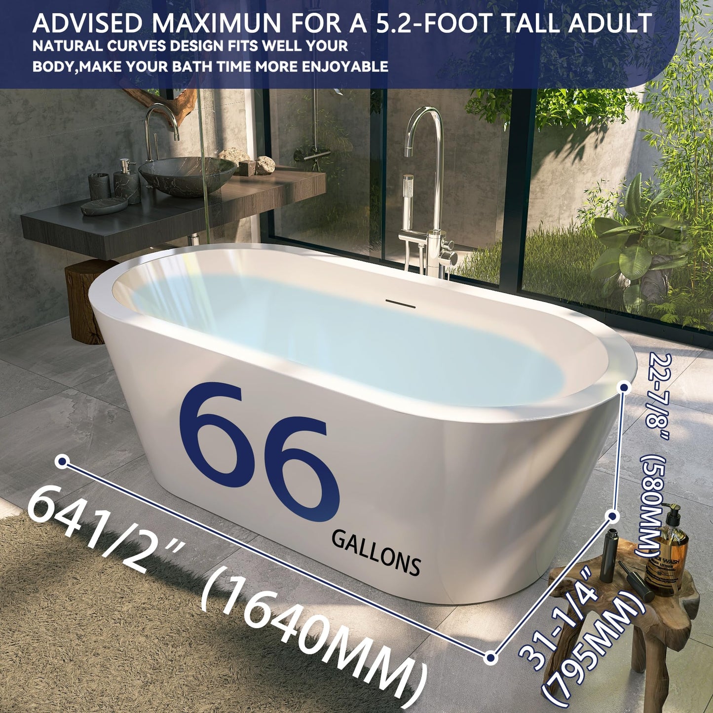 Yinzanw 64" Acrylic Free Standing Tub, Stand Alone Tub, Freestanding Bathtub, Soaking Bathtub, cUPC Certified, LT(Glossy White)