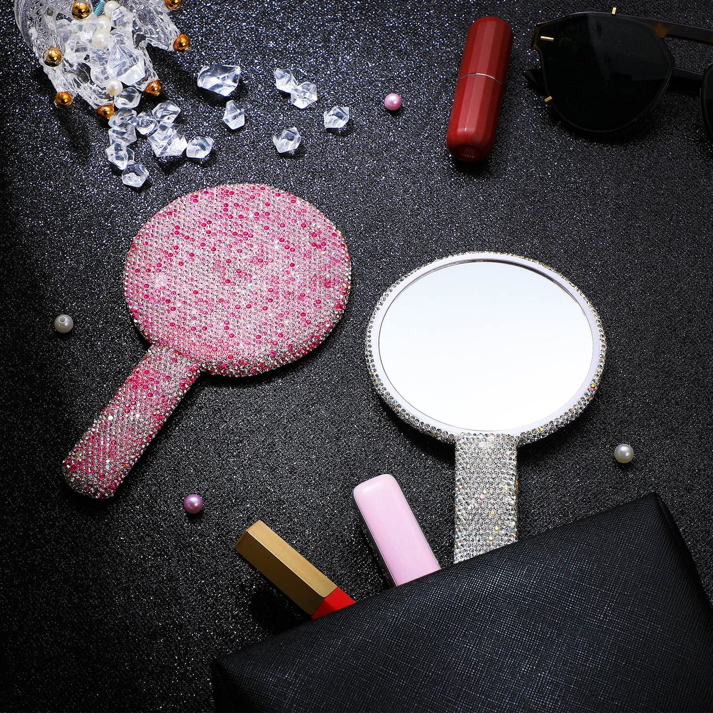 Bucherry 2 Pcs Rhinestone Hand Mirror Wedding Bling Hand Held Makeup Mirrors Adorable Dazzling Cosmetic Portable Decorative Pers