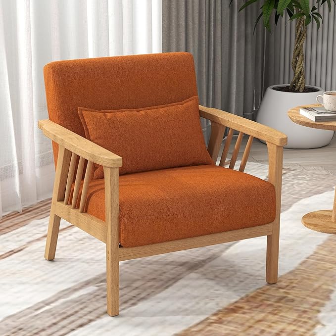 SEYNAR Mid-Century Accent Chair, Linen Fabric Armchair and Lounge Chair with Lumbar Pillow, Wide Seat & Solid Wood Frame for Living Room, Bedroom or Balcony (Orange)