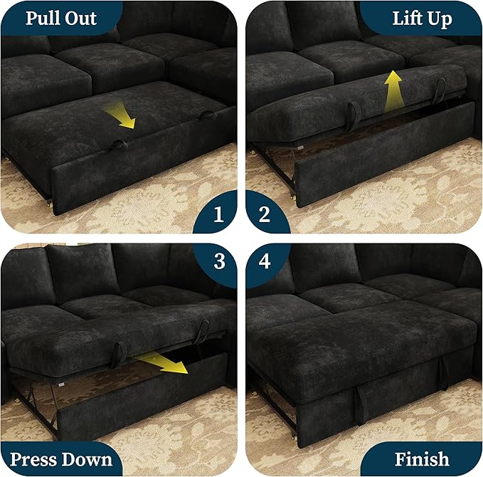 SUAWY 106.7" Sectional Sleeper Sofa with Pull Out Couch, Modern 7 Seat U Shaped Modular Couch, Sectionals Modular Sofa with Storage, Comfy Sectional Couches for Living Room & Apartment, Black
