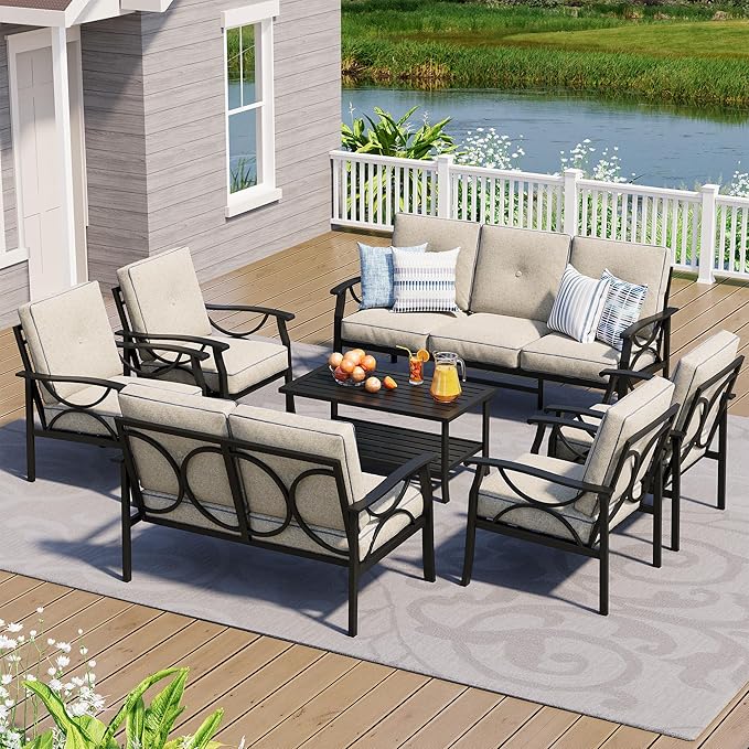 FansaFurn 7-Pieces Outdoor Patio Furniture Set, Outdoor Metal Sectional Furniture with Cushions, Outdoor Conversation Seating Set with Coffee Table for Garden, Balcony, Deck, Backyard, Black